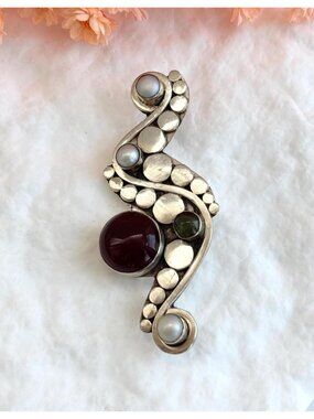 Modernist Seahorse Cultured Pearl & Garnet Vintage Sterling Silver 925 Brooch